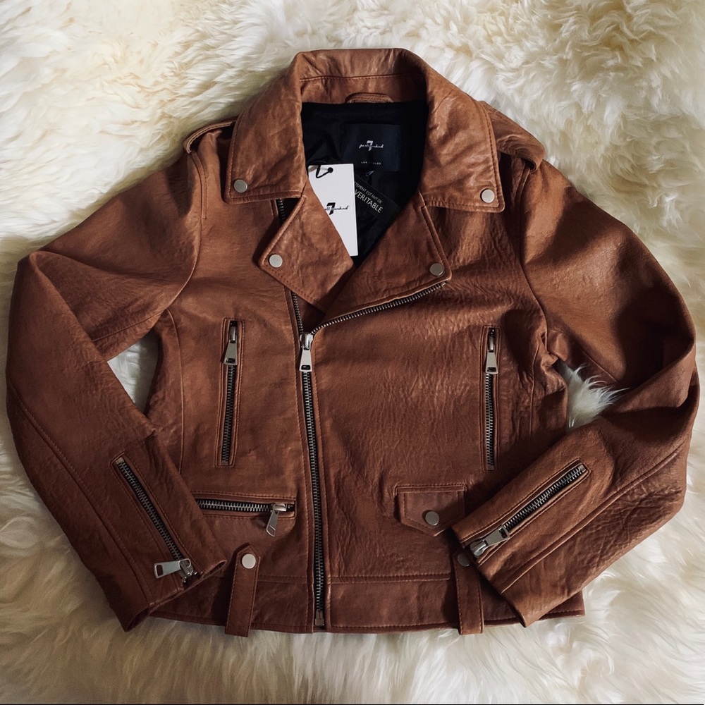 7 For All Mankind Brown Leather Moto Jacket - Picture 1 of 8